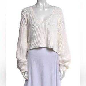 Lunya Organic Cotton Knit White Ribbed V Neck Sweater